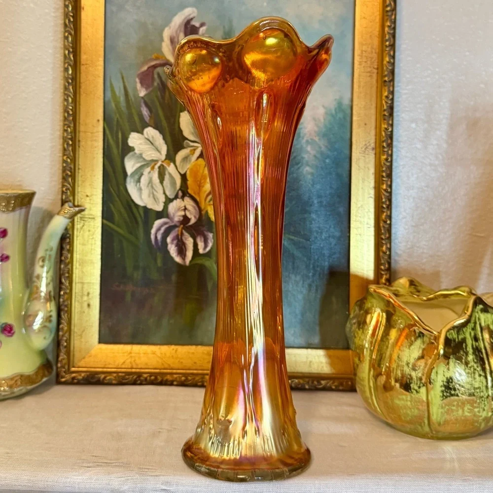 Antique Imperial Carnival Glass 1912 Marigold Beaded Bullseye Swung Vase